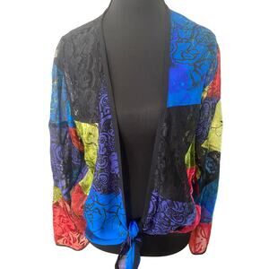 Y2K Silk‎ Lace Burnout Velvet Patchwork Artsy Boho Art to Wear Tie Front Top Med